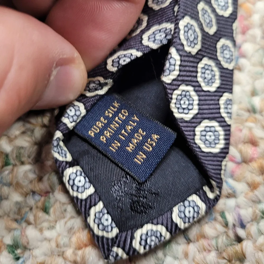 Brooks Brothers Makers Tie Mens OS Navy Blue Silk Medallion Floral Geometric